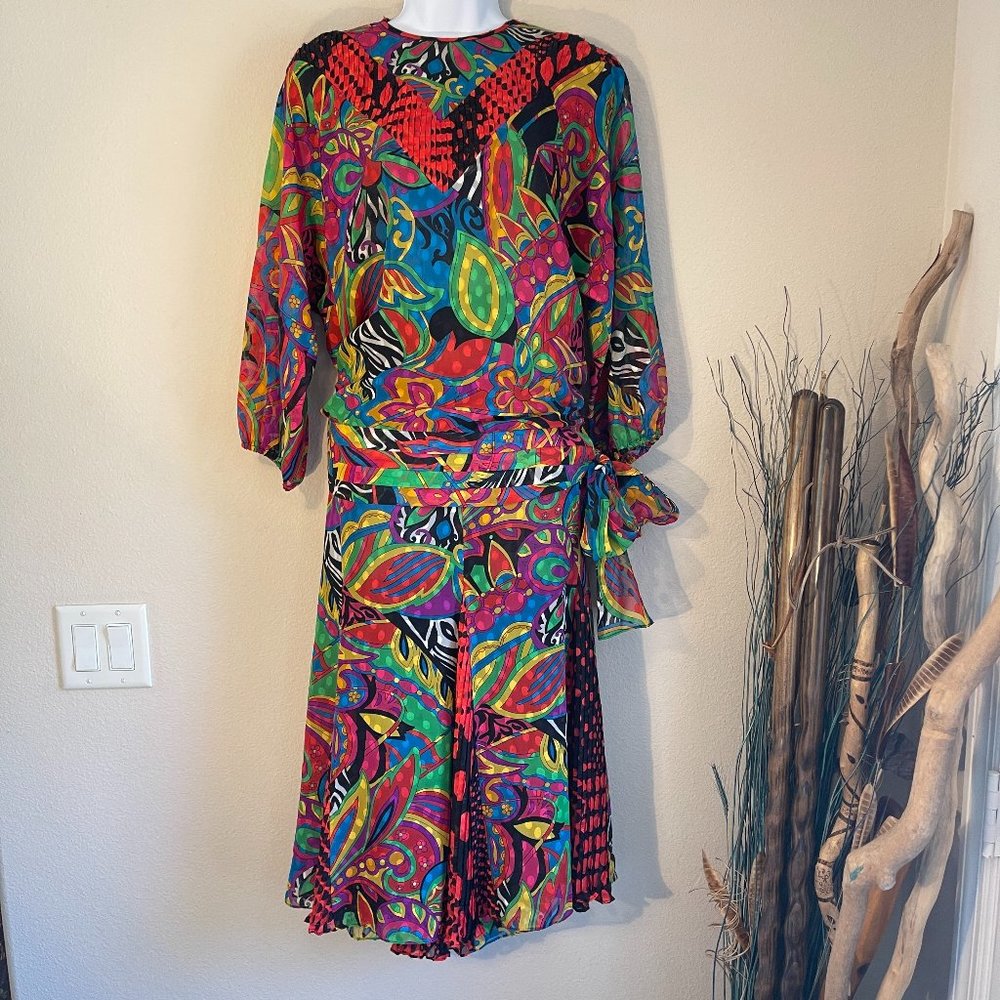 Diane Freis Two Piece Psychedelic Drop Waist Skirt Set Vintage Boho Festival VTG
